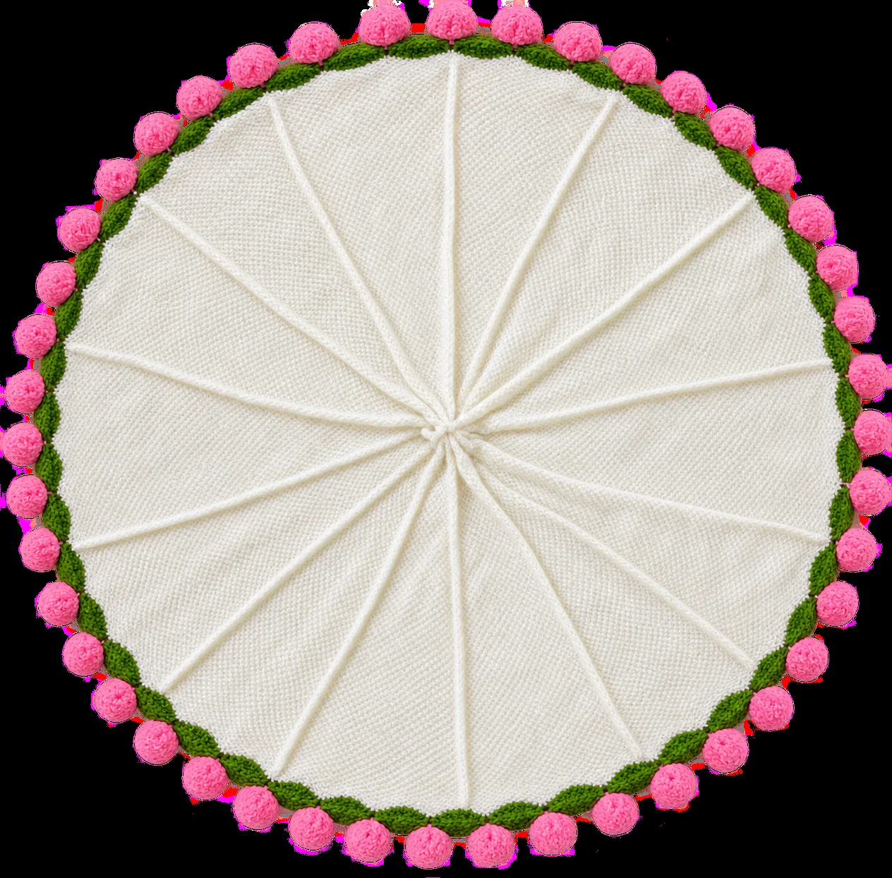 A round white crochet blanket with a pink pom-pom edge.